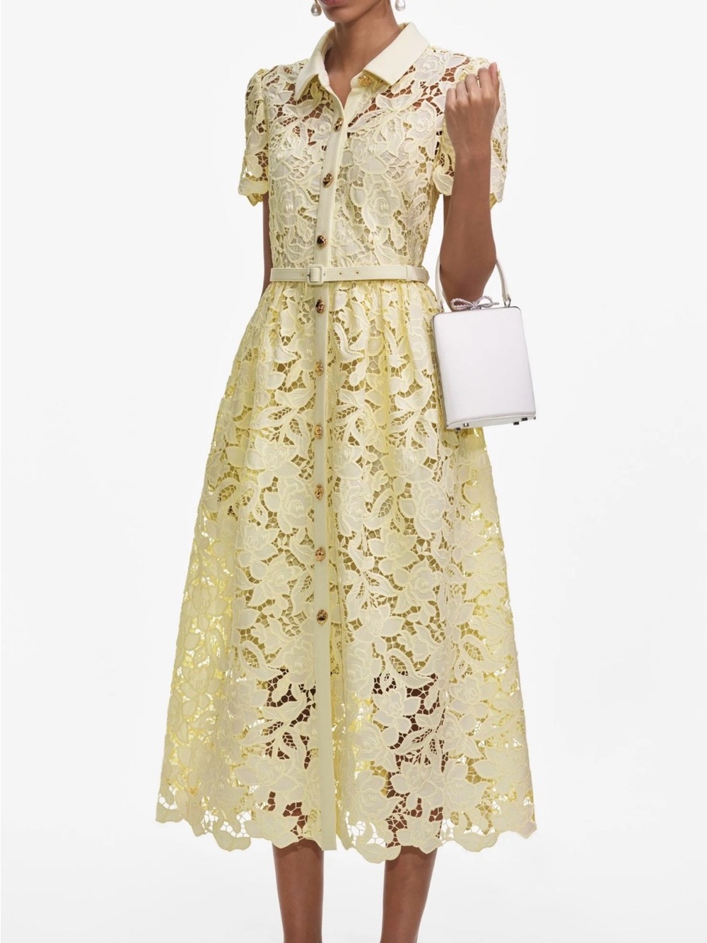 Self-Portrait Pale Yellow Lace Button-Front Midi Dress - Picture 2 of 4